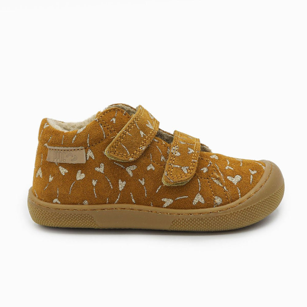 Naturino Barefoot Orec con velcros, ante brillante con flores y corazones, forro de lana