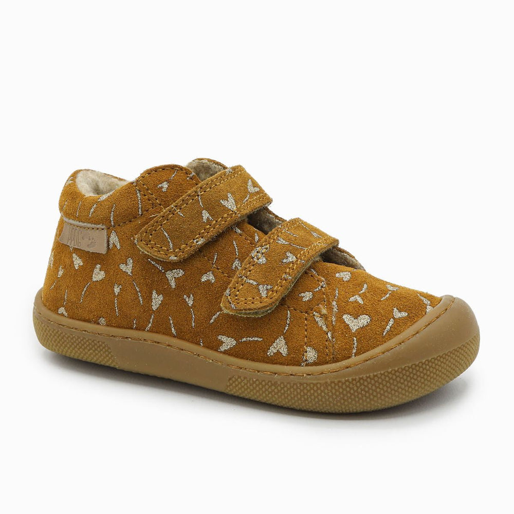 Naturino Barefoot Orec con velcros, ante brillante con flores y corazones, forro de lana