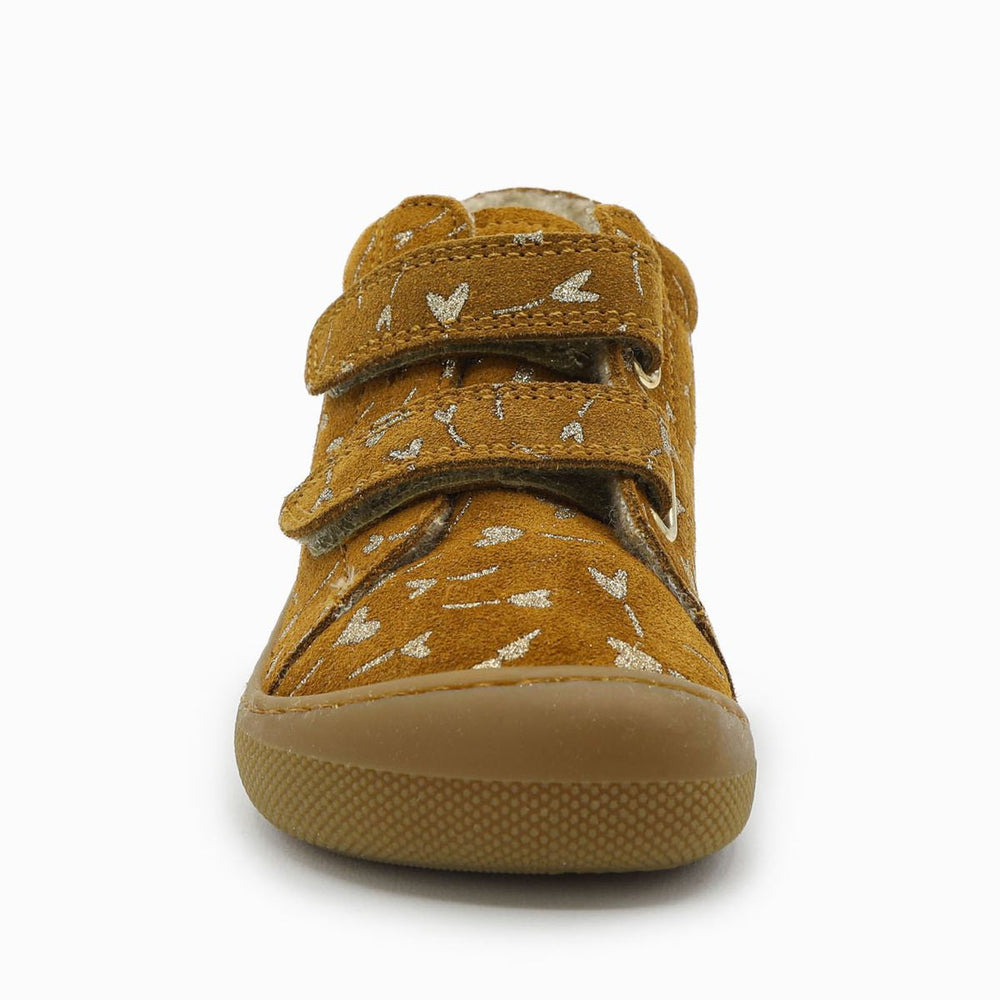 Naturino Barefoot Orec con velcros, ante brillante con flores y corazones, forro de lana