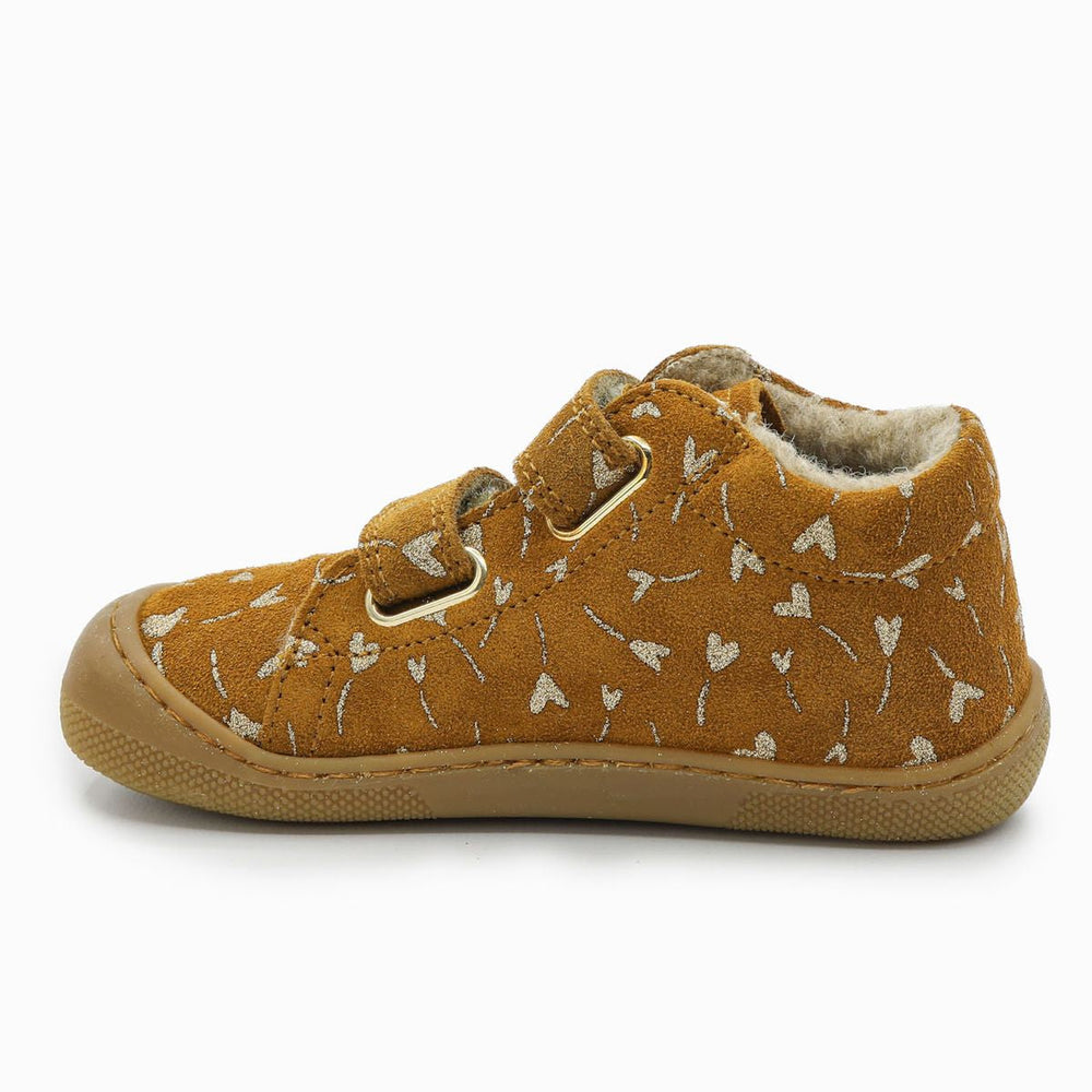 Naturino Barefoot Orec con velcros, ante brillante con flores y corazones, forro de lana