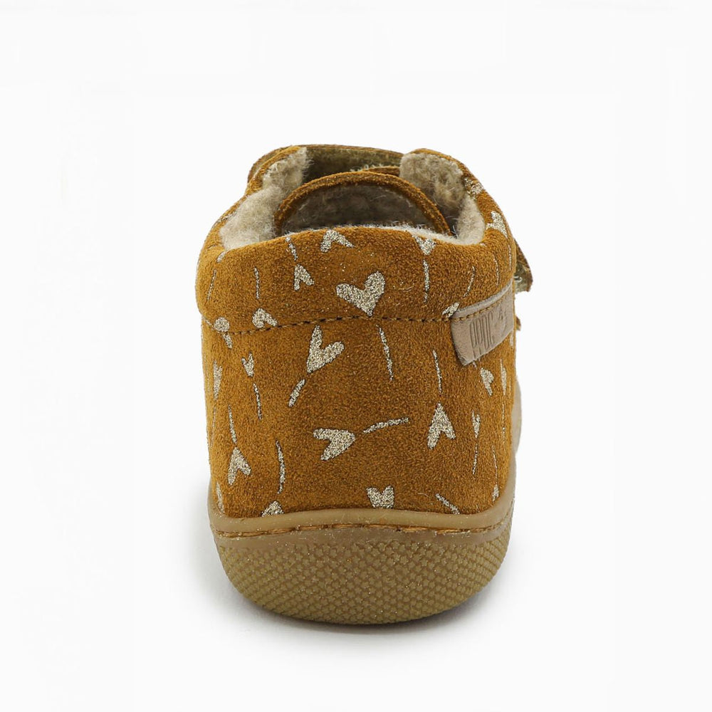 Naturino Barefoot Orec con velcros, ante brillante con flores y corazones, forro de lana