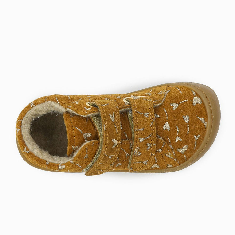 Naturino Barefoot Orec con velcros, ante brillante con flores y corazones, forro de lana