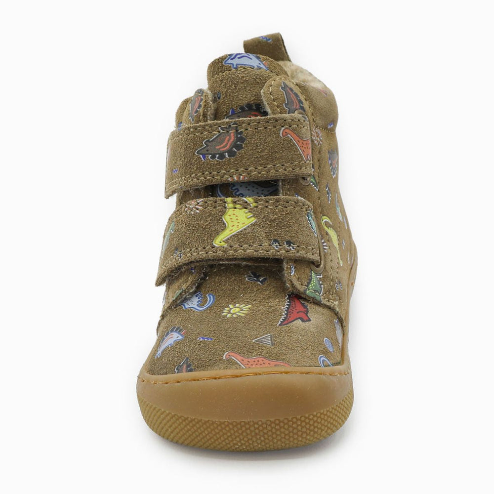 Naturino Barefoot Vont con velcro, ante Dinoland, forro de lana, marrón claro