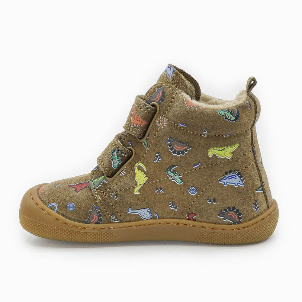 Naturino Barefoot Vont con velcro, ante Dinoland, forro de lana, marrón claro