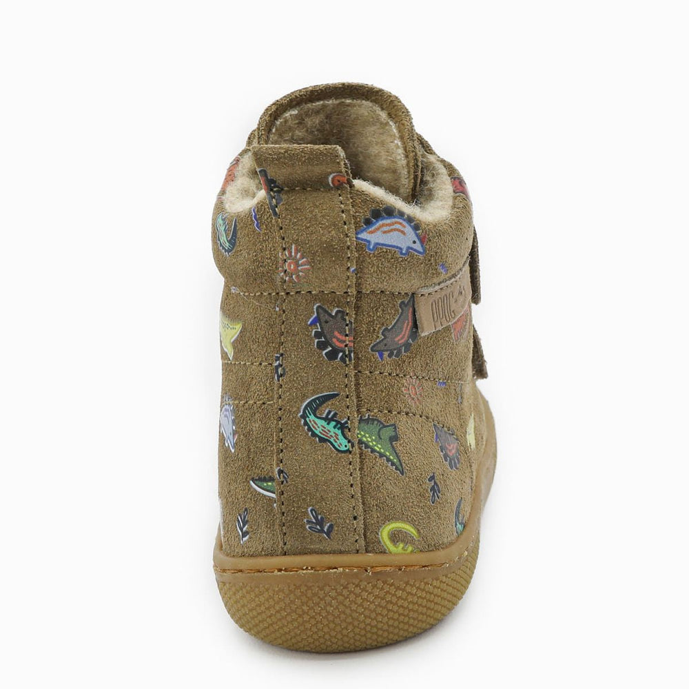 Naturino Barefoot Vont con velcro, ante Dinoland, forro de lana, marrón claro