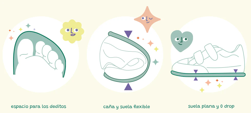 Características de un calzado respetuoso: suela flexible, plantilla plana, horma ancha y sin contrafuertes